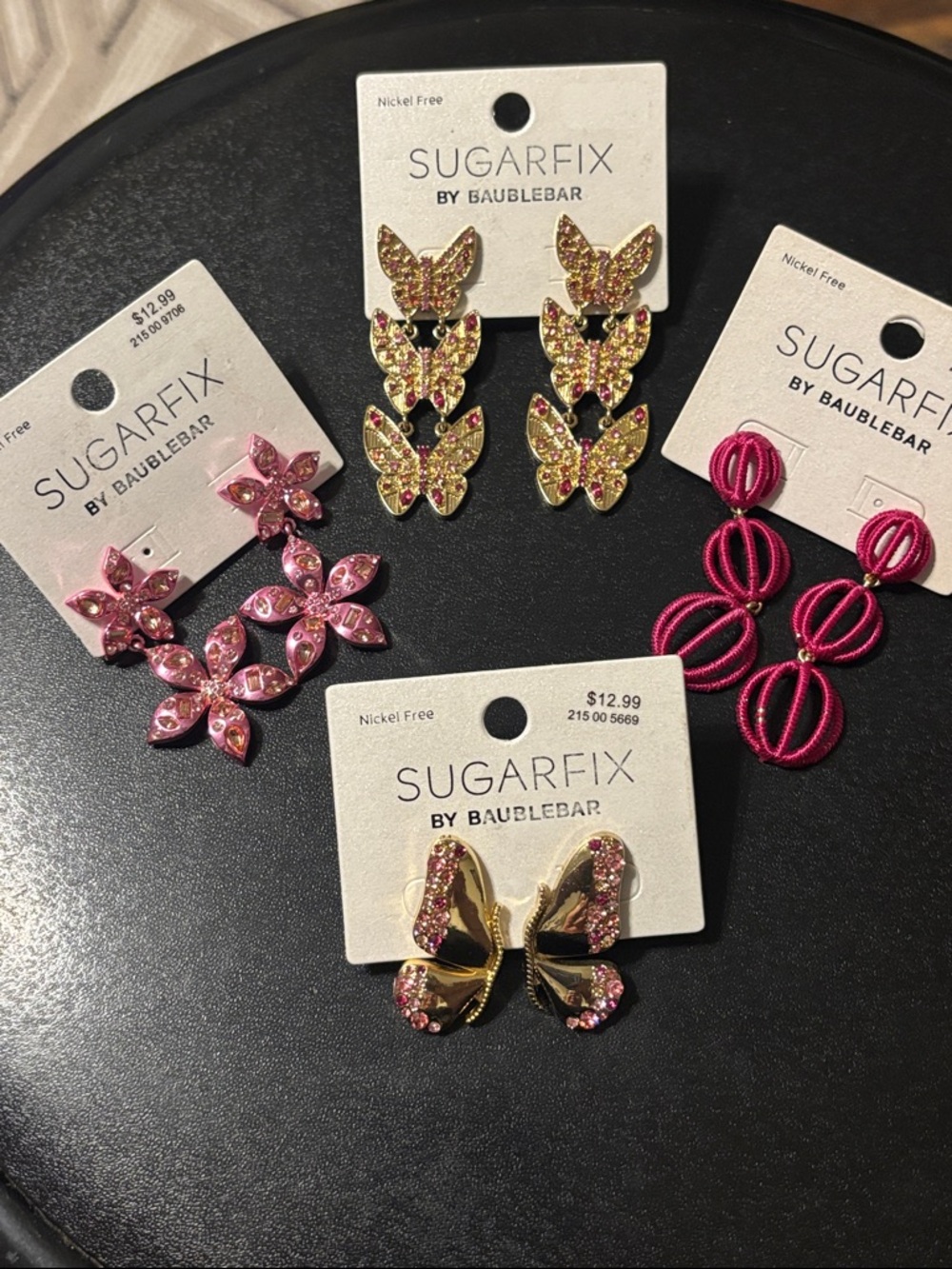 Pink Statement Dangle Drop Sphere, Floral, Butterfly Earrings Set